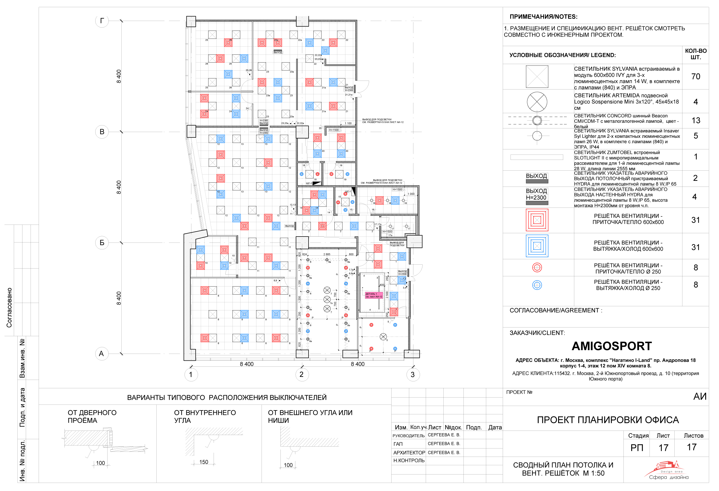Совмещённый план светильников и вентиляционных решёток на потолках (для комм. интерьера)